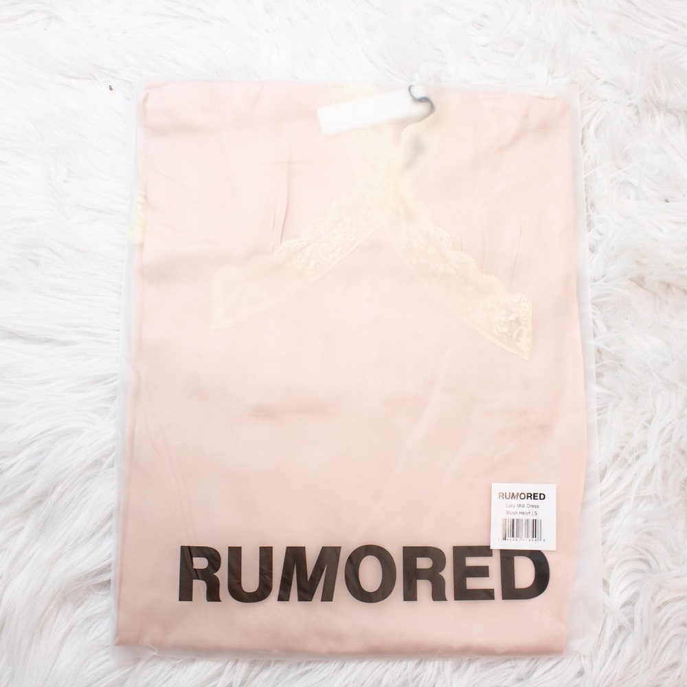 Rumored Blush Pink Midi Slip Dress Small Lace Plunge Neck Retro Lucy Heart Satin - Picture 3 of 4